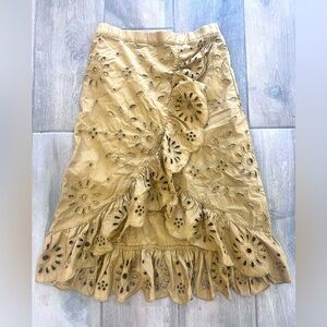 J. Crew Ruffle Front Eyelet Tan Brown Back Elastic Waist 100% Cotton Skirt Small